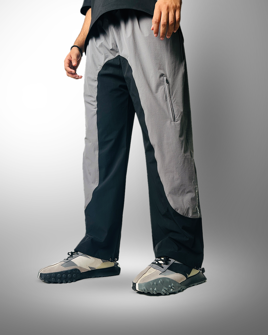 parachute, pants, relaxed, comfortable, pockets, grey